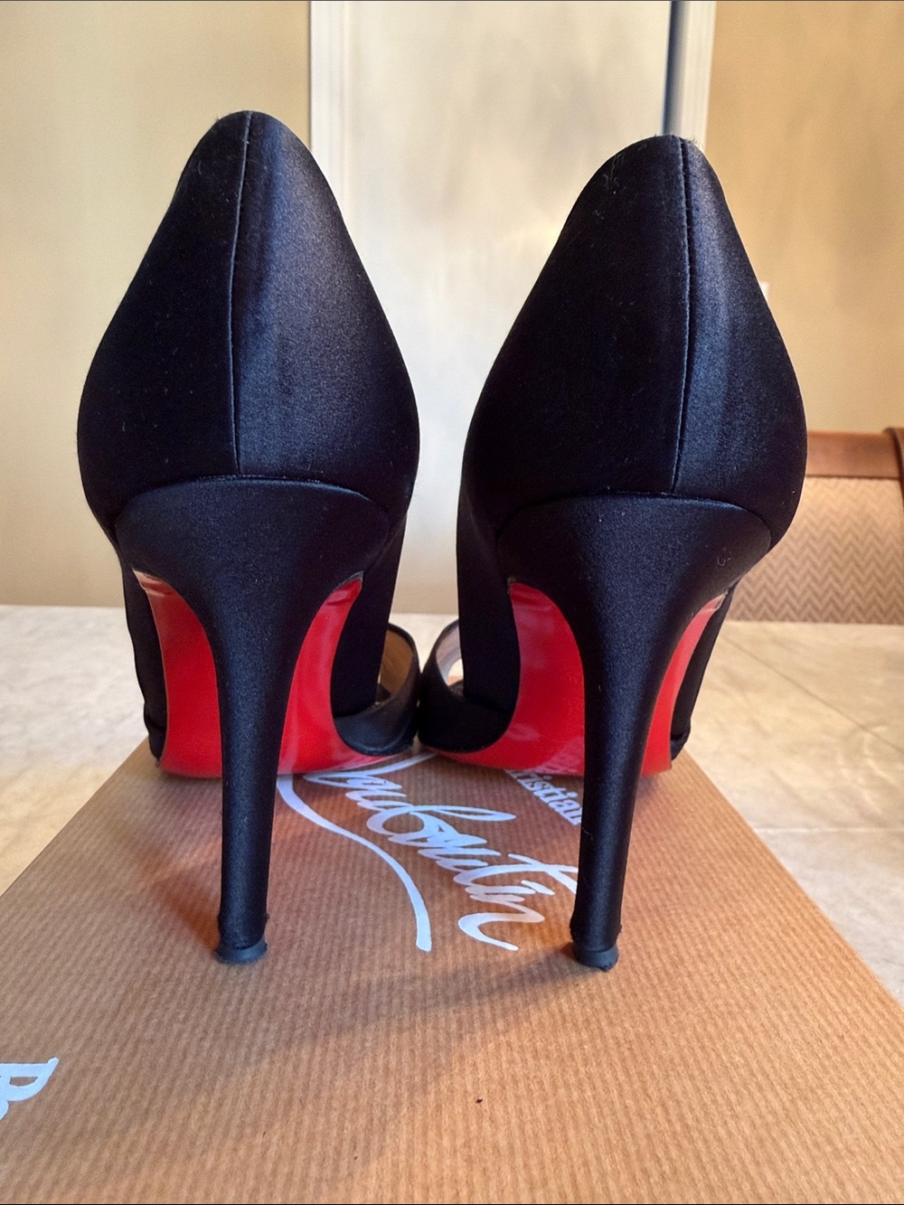 Christian Louboutin Black Satin Peep-Toe Pumps with Ruched Vamp - Picture 4 of 7
